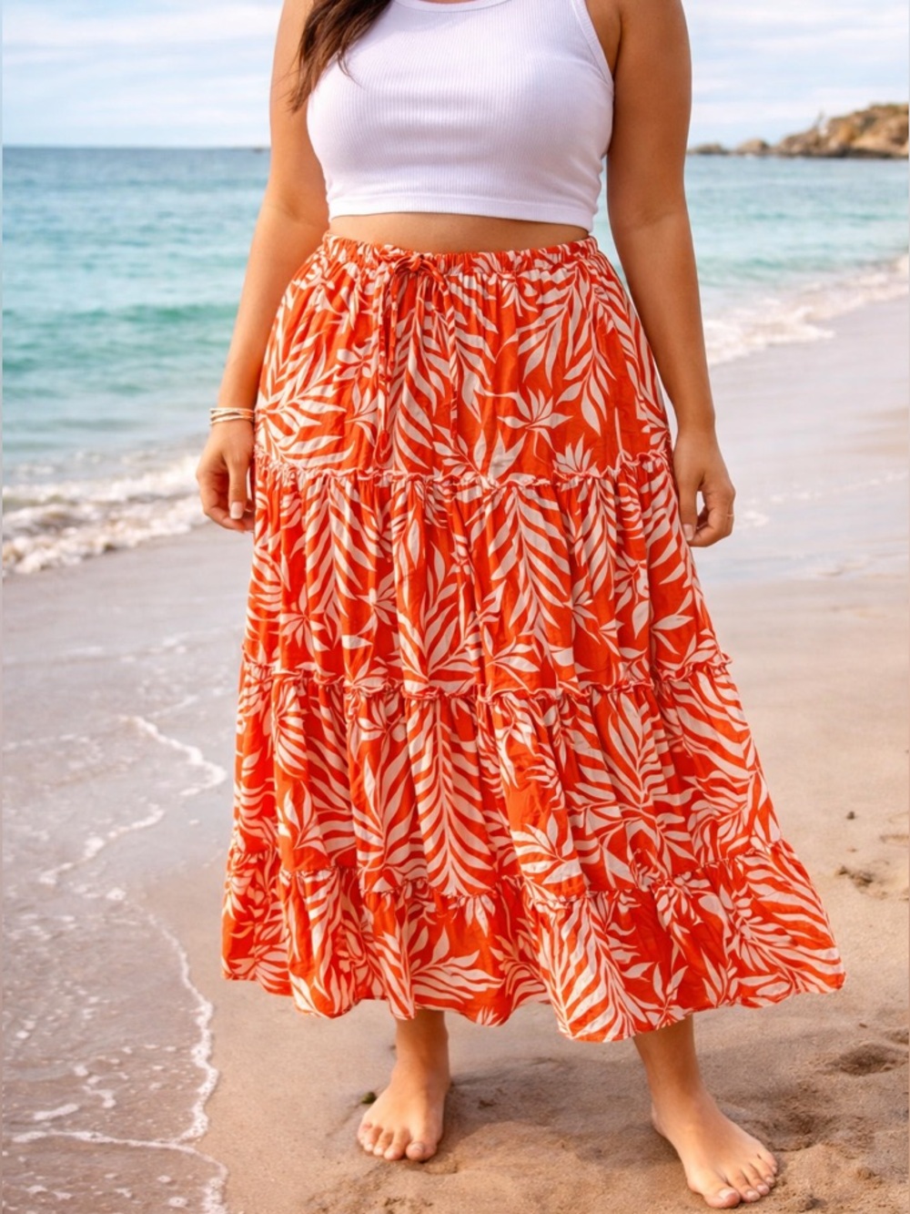 Crown & Ivy Orange Tropical Tiered Maxi Skirt | Boho Summer Resort